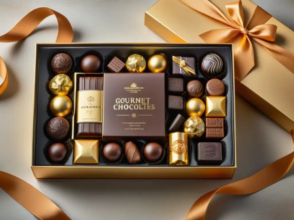 Exquisita caja de chocolates gourmet: detalle y lujo Caja suscripción chocolates regalo gourmet: Exquisita caja envuelta con lazos de satén y chocolates detallados en mesa rústica