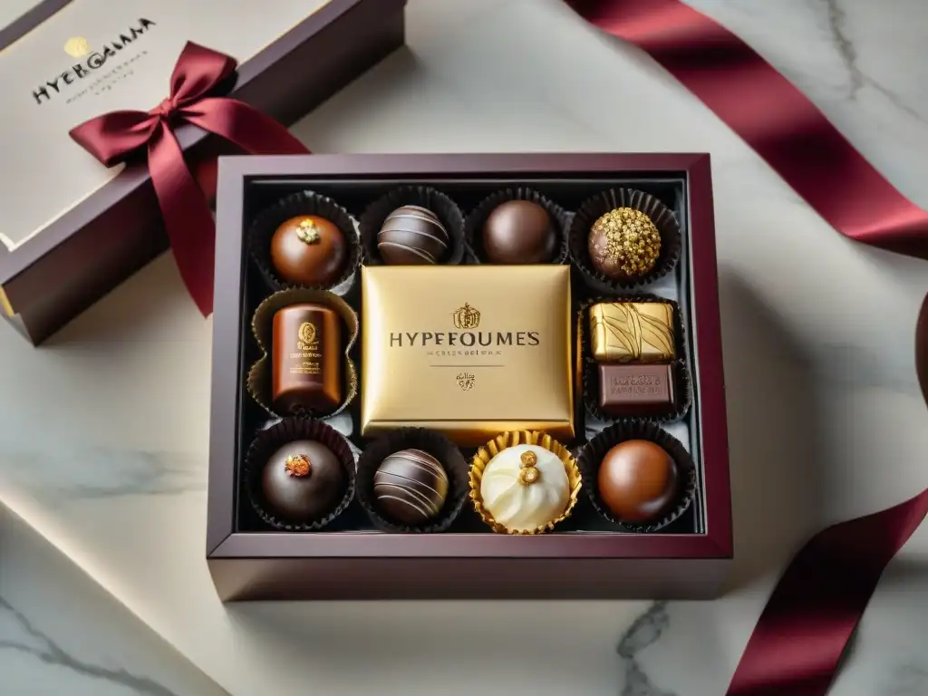 Exquisita caja de regalo con chocolates gourmet en mármol Una caja de regalo de madera lujosa rebosante de exquisitos chocolates gourmet, atada con elegante cinta de raso burdeos