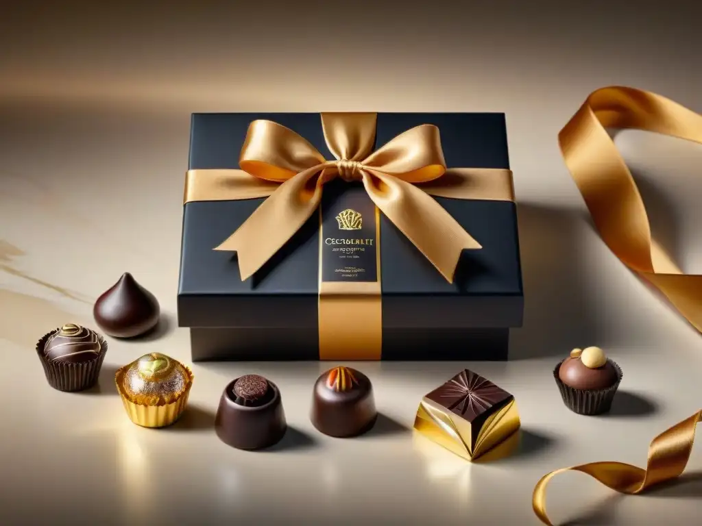 Una caja de regalo negra lujosa rebosante de chocolates artesanales gourmet, creando experiencias inolvidables