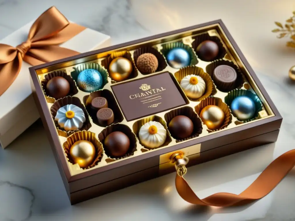 Una caja de suscripción de chocolates gourmet rebosante de lujo y exquisitez artesanal, rodeada de detalles elegantes y sofisticados