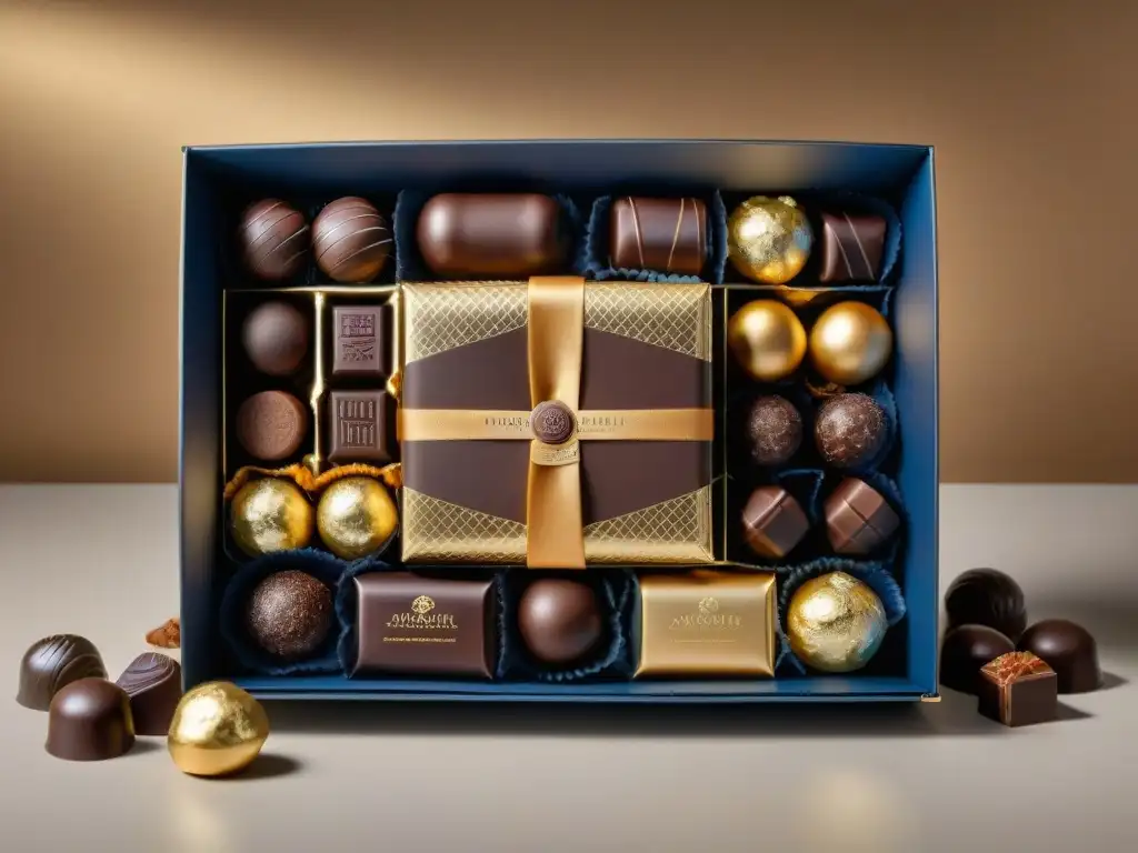 Una caja de suscripción de chocolates gourmet lujosa y elegante, repleta de exquisitos chocolates