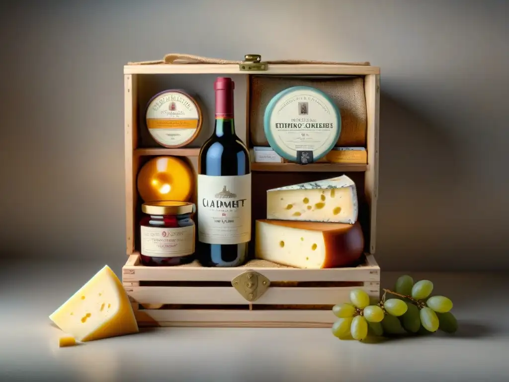 Una caja de suscripción de quesos gourmet, con una exquisita variedad de quesos, uvas, crackers y vino en una bodega elegante