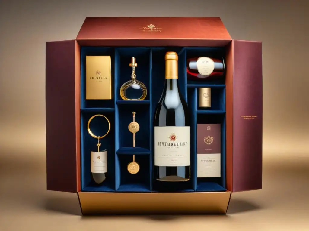 Exquisita caja de suscripción de vinos: lujo y exclusividad Una caja de suscripción de vinos exclusivos en terciopelo oscuro, con detalles dorados y logo elegante, iluminada sutilmente