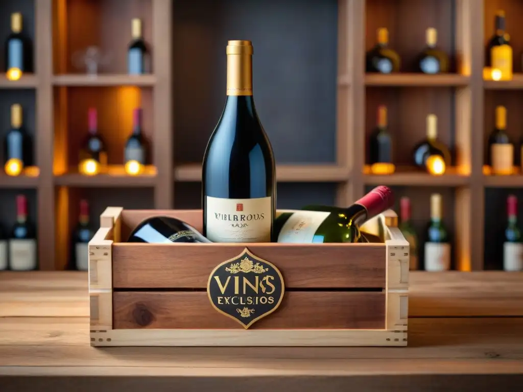 Estuche de vinos exclusivos: lujo y elegancia en tu hogar Una caja de suscripción de vinos exclusivos, lujosa y grabada con patrones de vid, rebosa botellas de vino premium en una mesa rústica