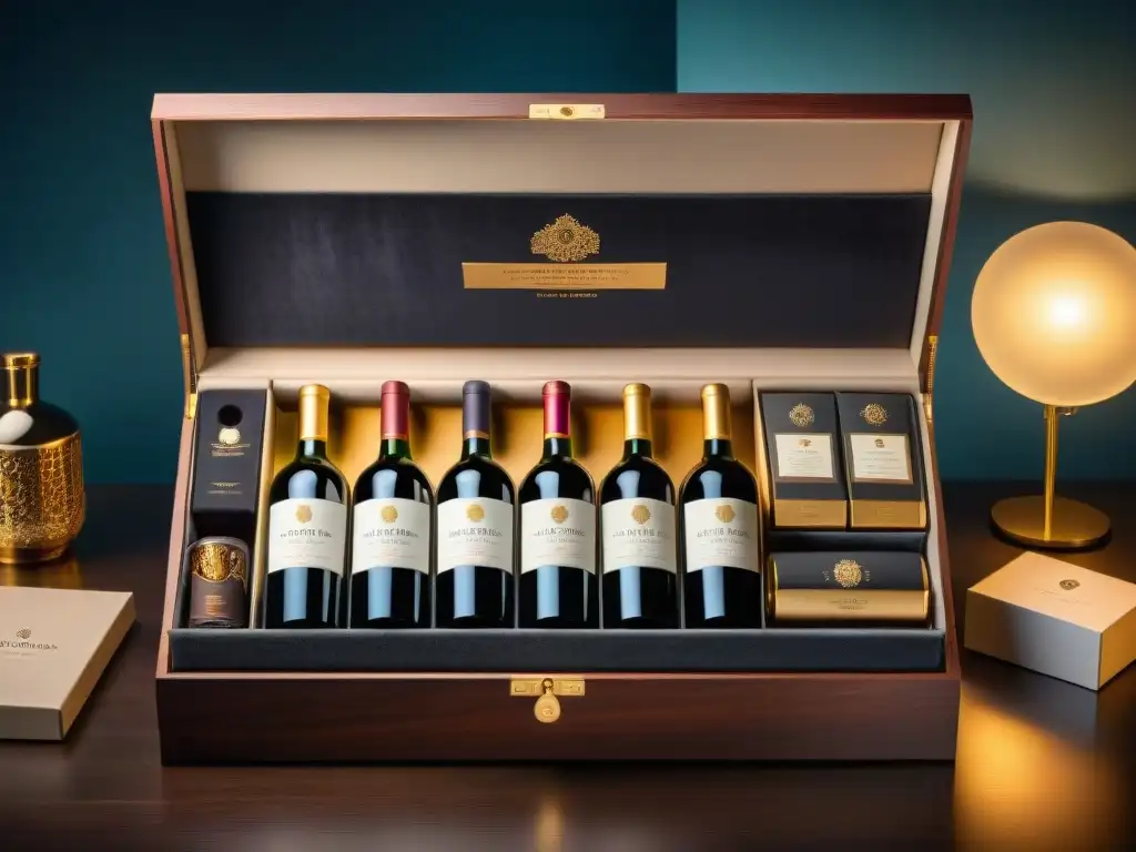Exclusiva caja de vinos premium en mesa de madera Una caja de suscripción de vinos gourmet en una mesa de madera moderna, con diseño elegante y botellas premium sobre terciopelo oscuro
