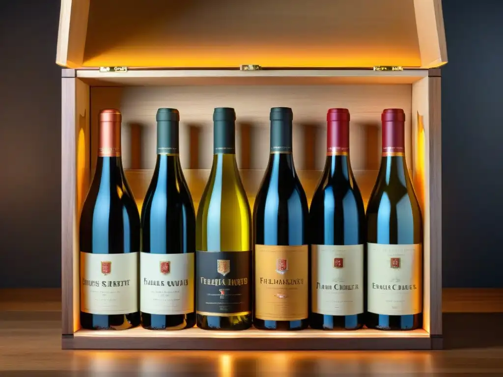 Caja de vinos de lujo: Elegancia y opulencia Una caja de suscripción de vinos gourmet, lujosa y exquisita, rebosante de variedad y elegancia en una bodega sofisticada