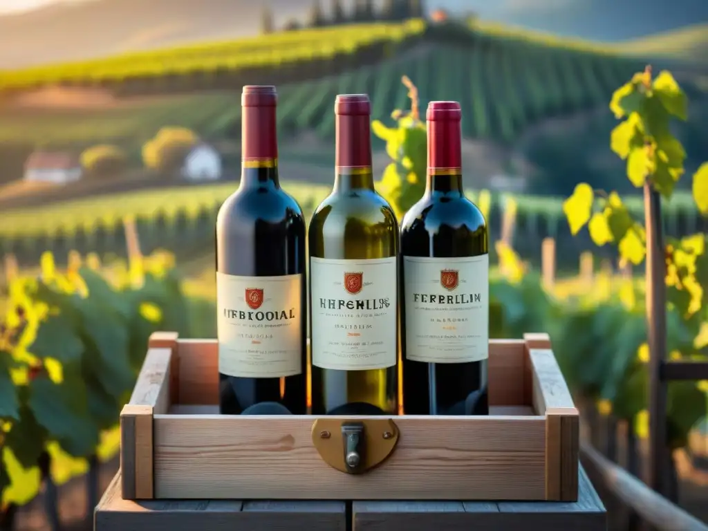 Exquisita colección de vinos premium en caja de madera rústica Una caja de suscripción de vino gourmet con botellas premium en un viñedo al atardecer, lujo y aventura