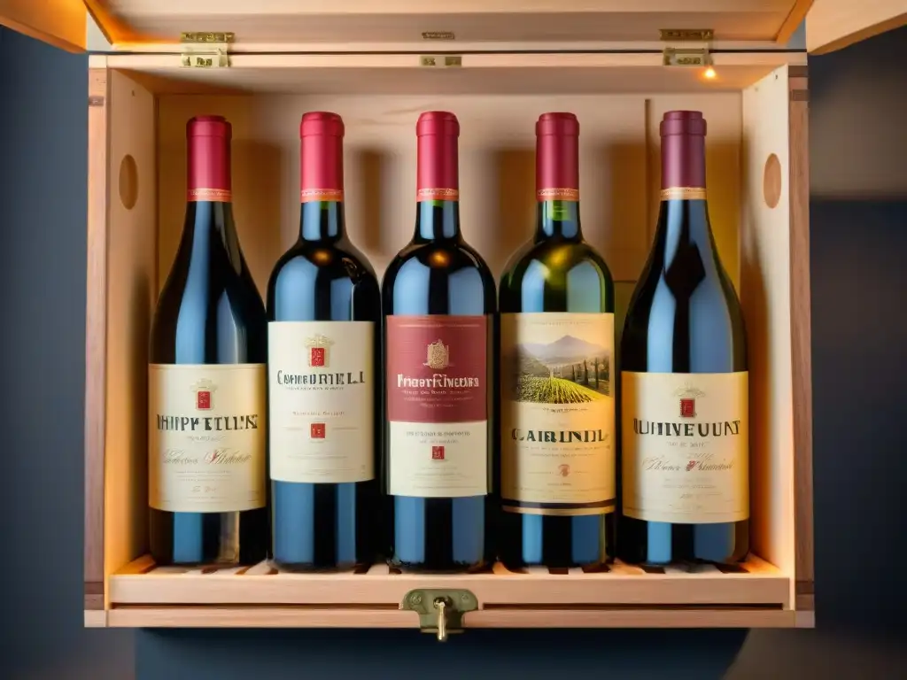 Caja de vinos de lujo: selección premium en bodega Una caja de suscripción de vino gourmet con botellas premium, diseño elegante y ambiente de bodega