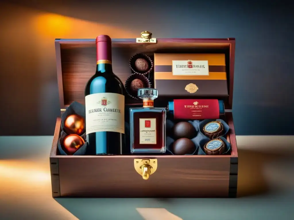 Una caja de vino de madera lujosa llena de chocolates finos rodeada de copas de vino, sacacorchos y una botella de vino tinto