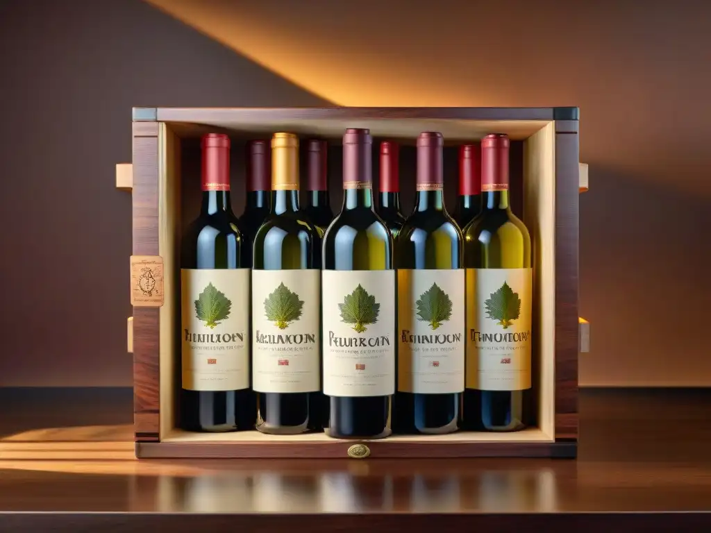 Exclusiva caja de vinos de lujo con etiquetas elegantes y vinos varietales Una caja de vinos exclusivos con botellas de lujo en una mesa de madera brillante, iluminada cálidamente
