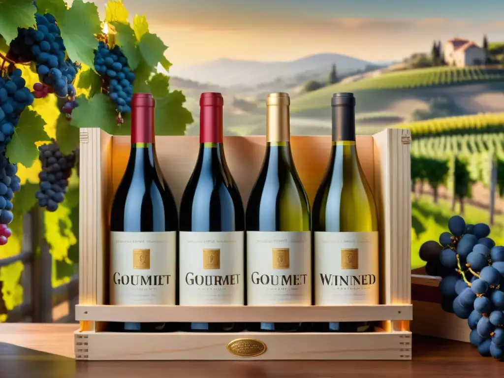 Una caja de vinos gourmet desbordante de lujo con vinos variados etiquetados con detalles en oro, en un viñedo soleado