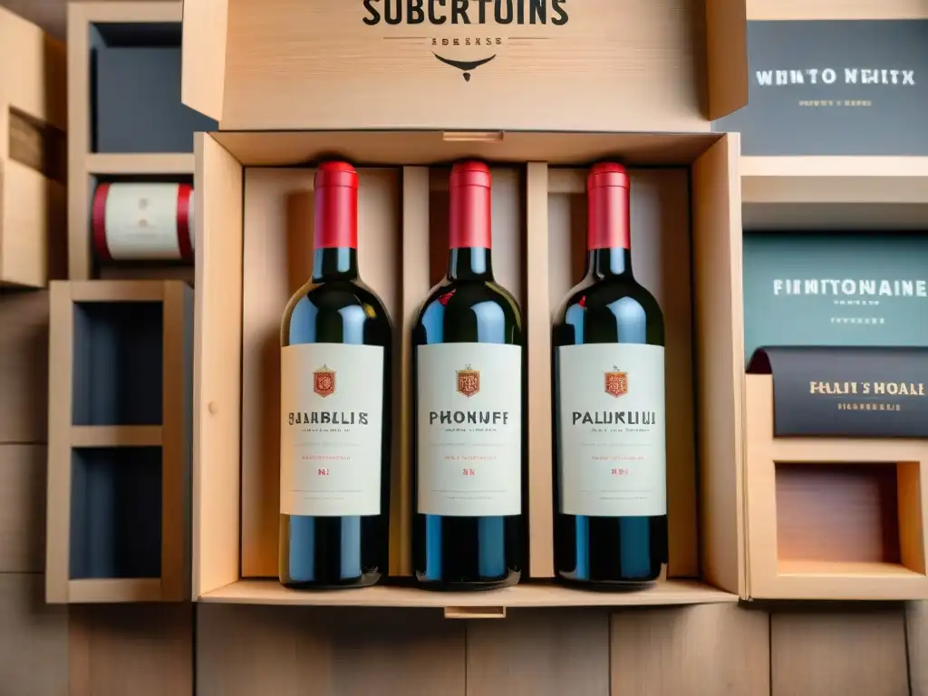 Varias cajas de suscripción de vinos personalizadas, con diseños únicos y detallados, iluminadas suavemente para resaltar texturas