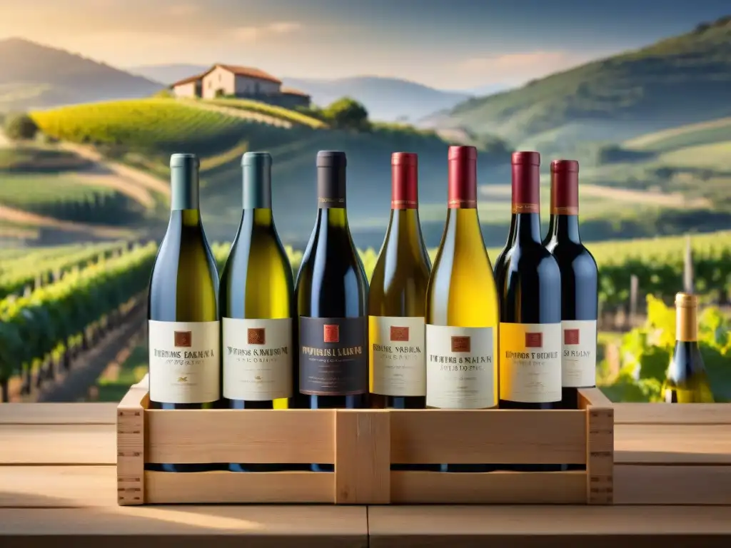 Cajas de suscripción vino gourmet: Vista detallada de una elegante caja de madera con vinos premium y escenario de viñedo al fondo