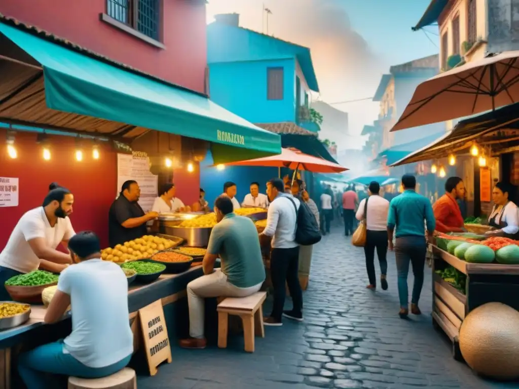 Una calle bulliciosa de una ciudad latinoamericana con puestos de comida callejera vegana