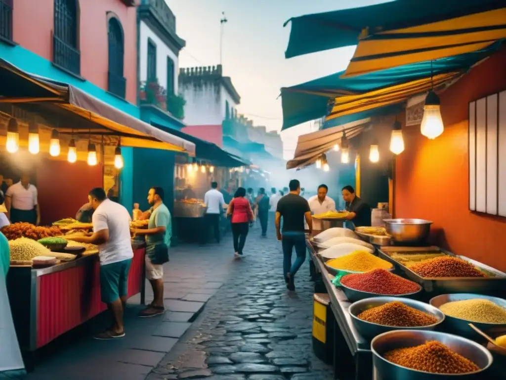 Una calle bulliciosa en Ciudad de México con puestos de comida coloridos ofreciendo platos tradicionales