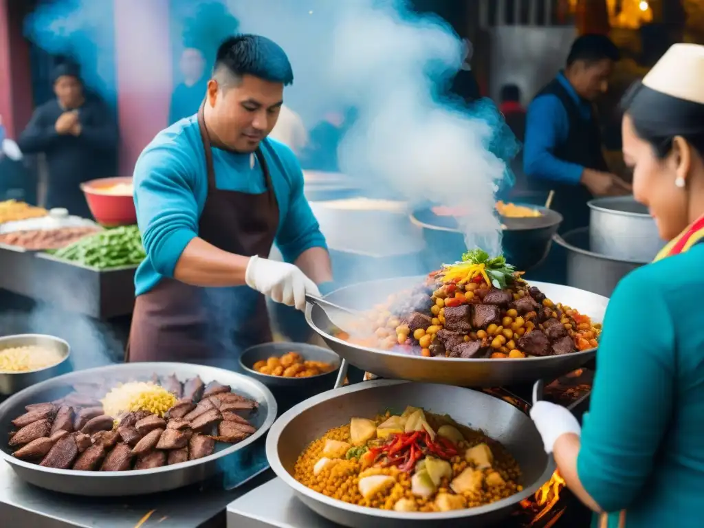 Una calle bulliciosa en Lima, Perú, llena de puestos de comida exhibiendo platos de comida callejera peruana gourmet