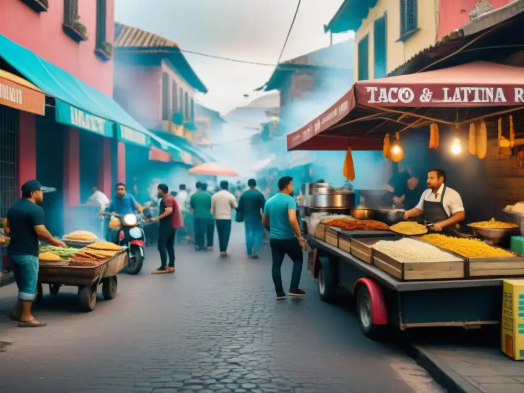 Una calle bulliciosa de América Latina llena de puestos de comida coloridos ofreciendo delicias tradicionales