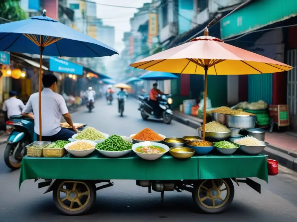 Una calle bulliciosa en Ho Chi Minh con puestos de comida vendiendo Auténtico Pho vietnamita, gente disfrutando en mesas bajo sombrillas coloridas