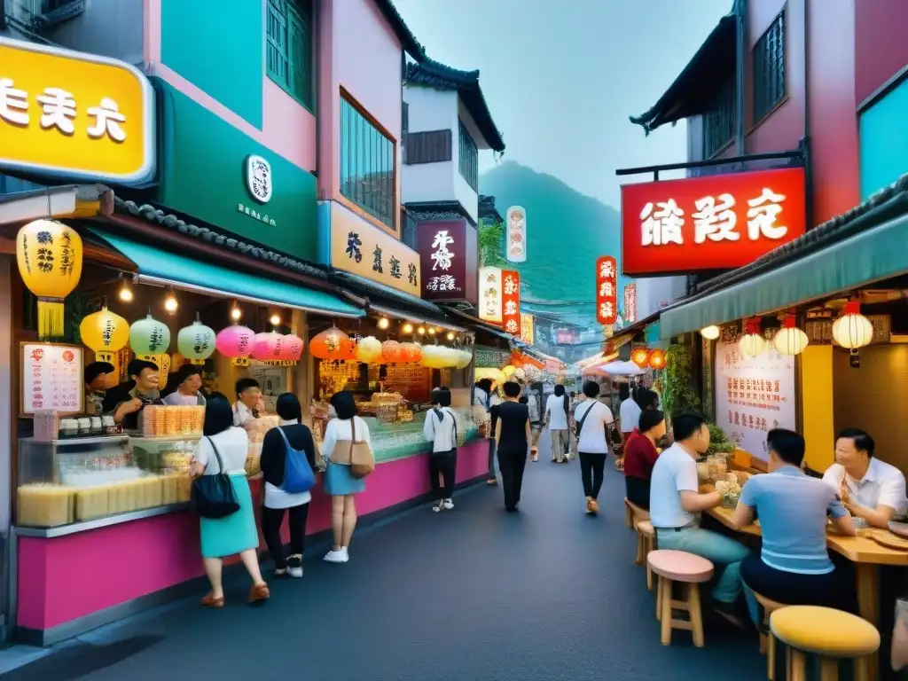 Una calle bulliciosa en Taiwán llena de tiendas de bubble tea vibrantes y clientes disfrutando de diferentes sabores