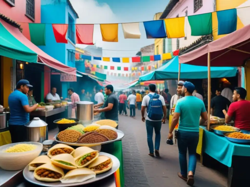 Una calle bulliciosa de una vibrante ciudad de América Latina, llena de puestos de comida coloridos ofreciendo una variedad de delicias tradicionales