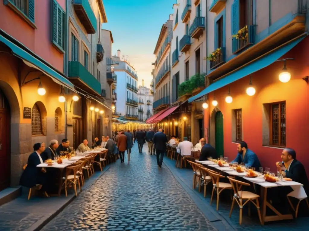 Un callejón bullicioso en el Barrio Gótico de Barcelona con bares de tapas tradicionales