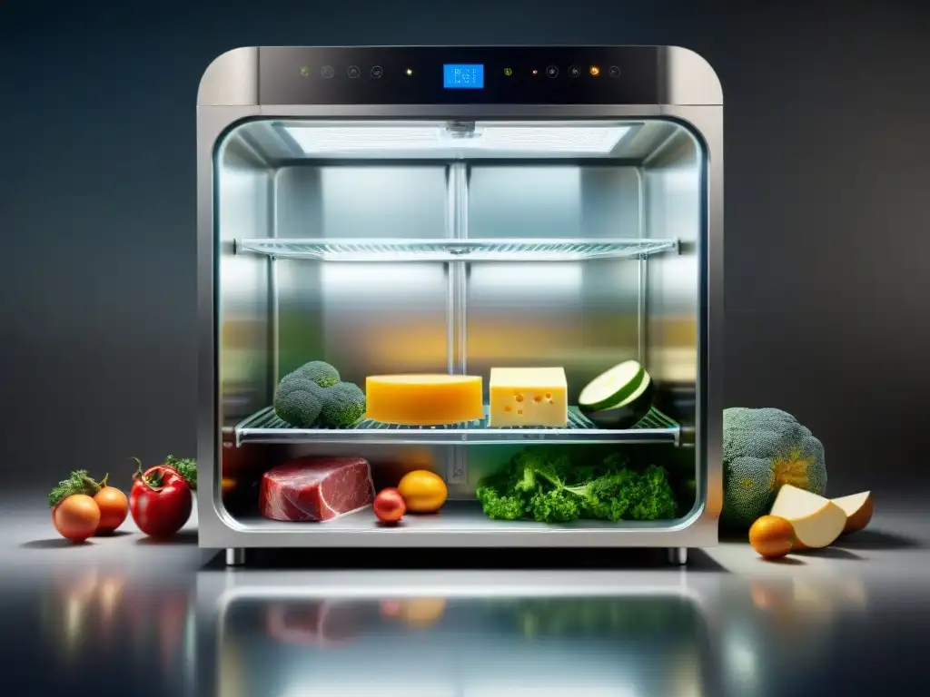 Una cámara de conservación de alimentos avanzada y gourmet con tecnología de vanguardia, iluminando los alimentos frescos y de calidad