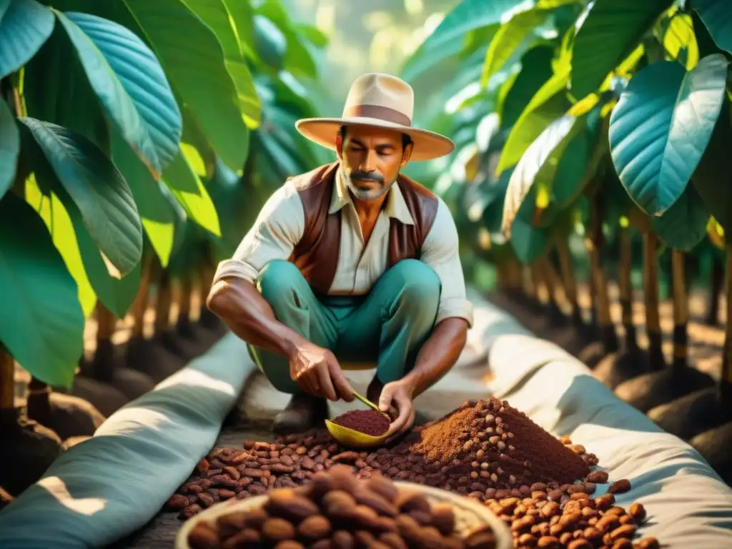 Un campesino mexicano cosechando cacao en una plantación, con el sol filtrándose entre las hojas