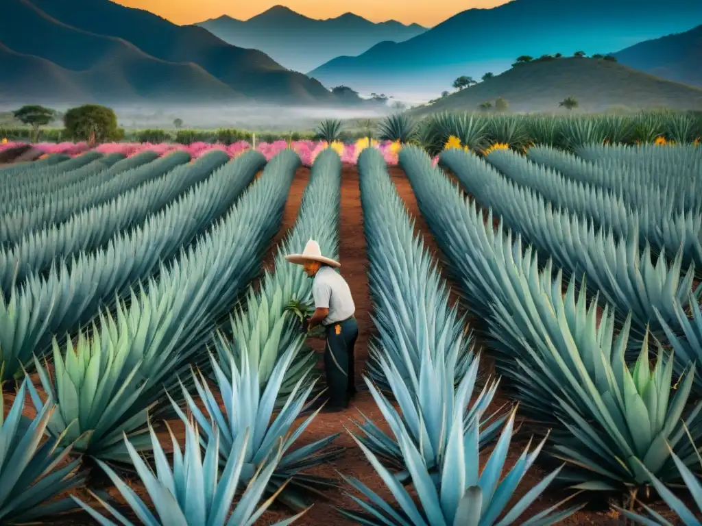 Un campo de agave al atardecer en México, con un agricultor cosechando piñas