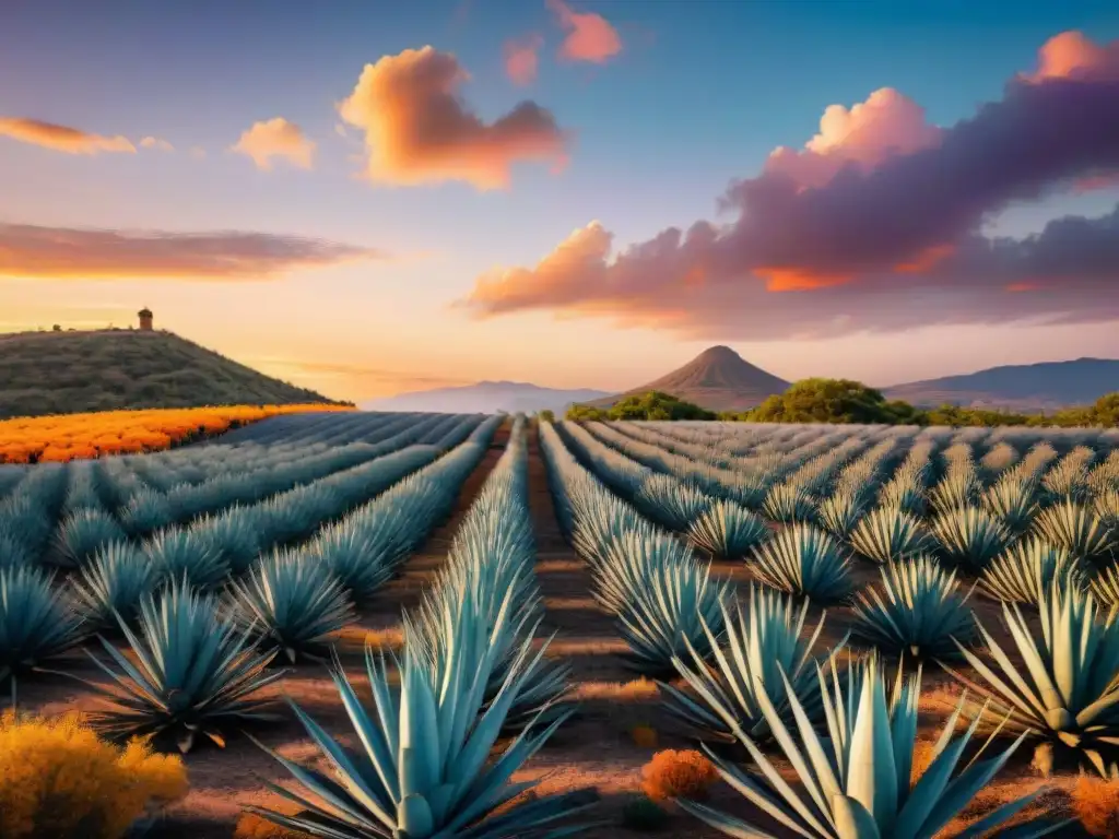 Un campo de agave al atardecer en México, con plantas azules bajo un cielo vibrante