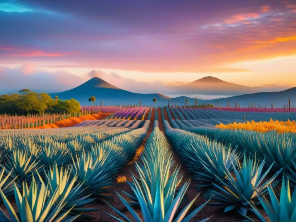 Un campo de agave mexicano al atardecer, con filas de plantas azules bajo un cielo cálido