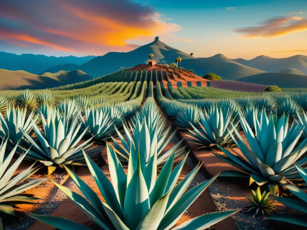 Un campo de agaves vibrante al atardecer en México, con filas de plantas que se extienden hacia el horizonte bajo un cielo colorido