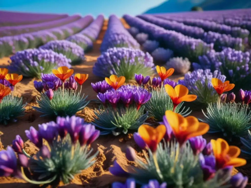 Un campo de azafrán morado en plena floración bajo el cielo azul