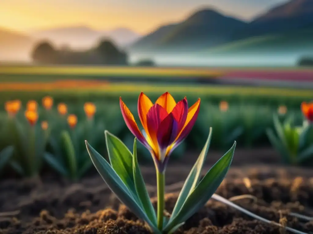 Un campo de azafrán: el oro rojo de la cocina, con una flor roja vibrante bajo la luz dorada del amanecer, mostrando su belleza intrincada