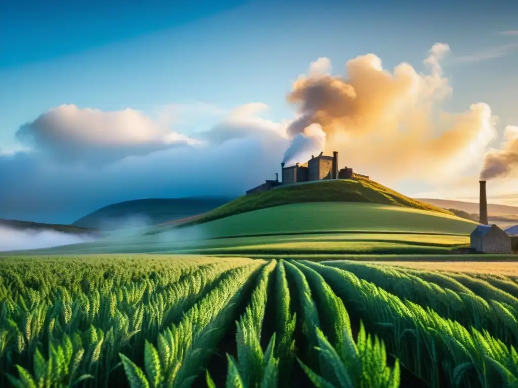 Un campo de cebada escocés verde exuberante con una destilería de whisky emitiendo humo blanco, bajo un cielo azul claro al atardecer