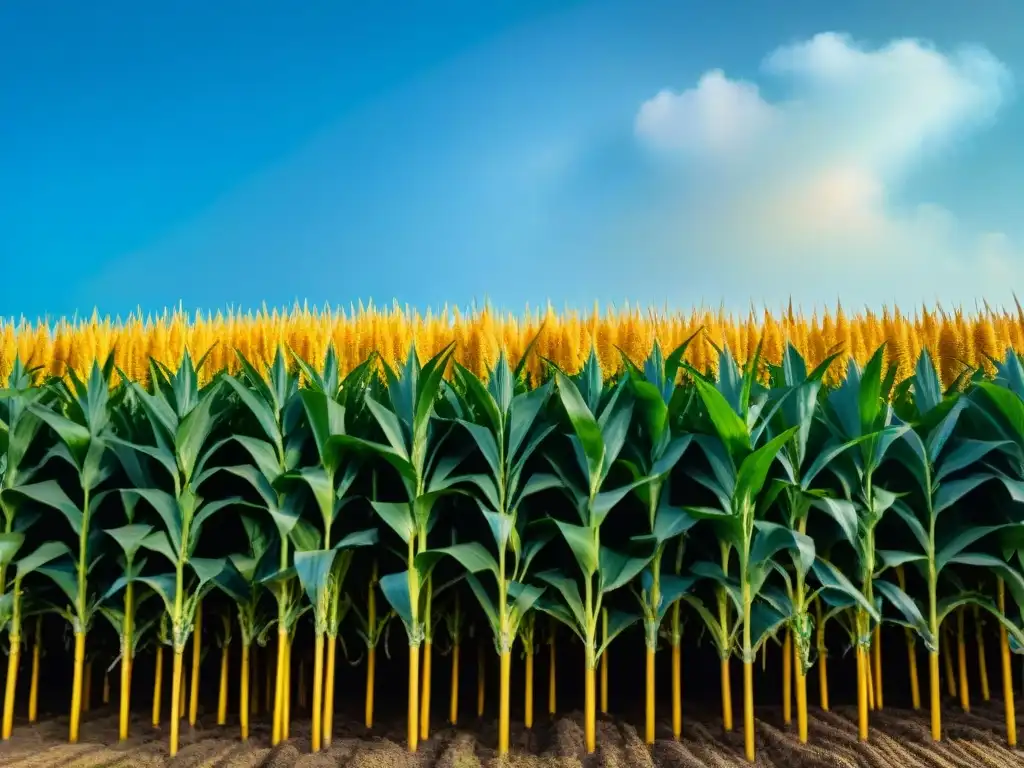 Un campo de maíz dorado y vibrante bajo el cielo azul