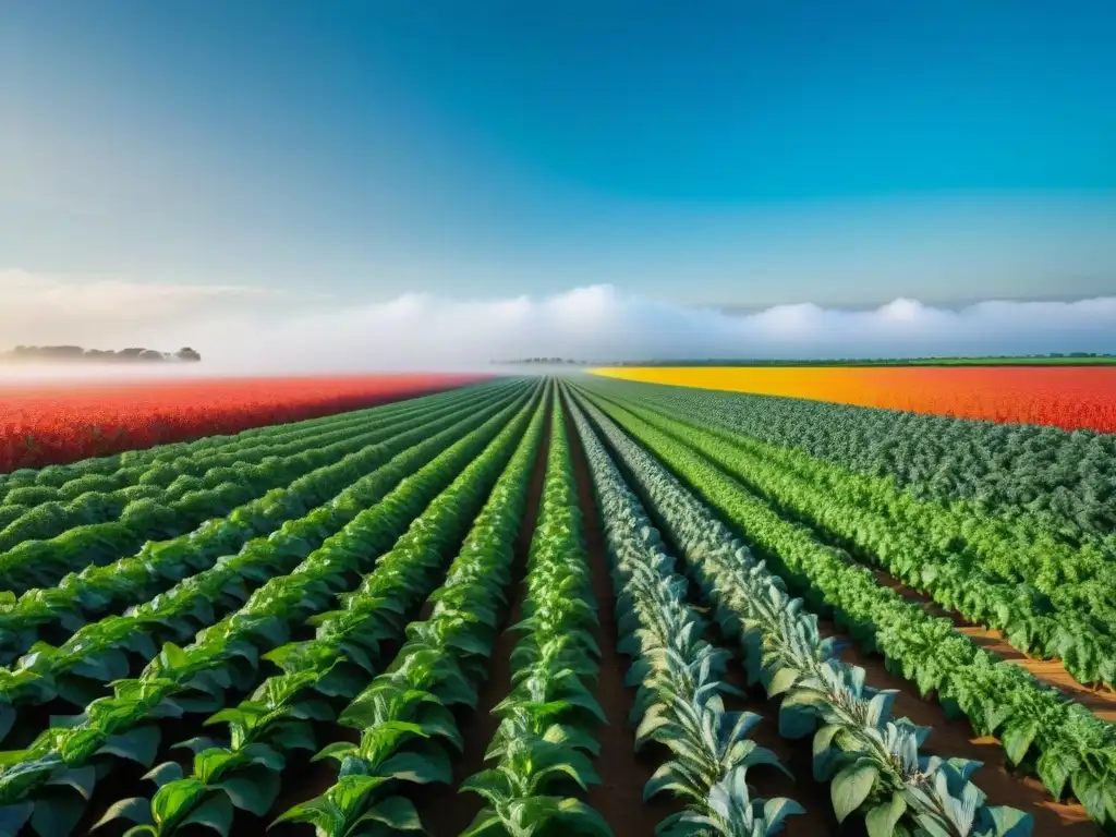 Un campo exuberante de cultivos transgénicos vibrantes bajo un cielo azul, donde héroes y villanos discuten su sostenibilidad