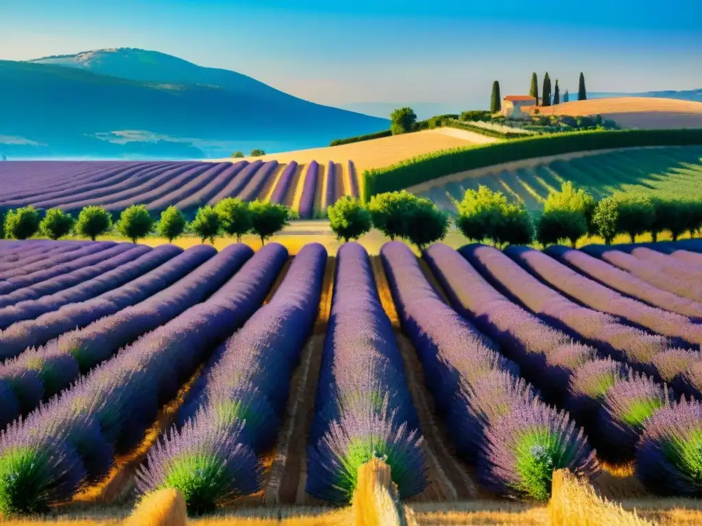 Un campo de lavanda vibrante se extiende hasta el horizonte bajo un cielo azul en Provence, Francia