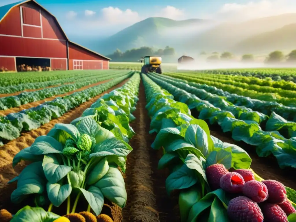 Un campo orgánico rebosante de vida y color, con frutas y verduras frescas bañadas por el sol