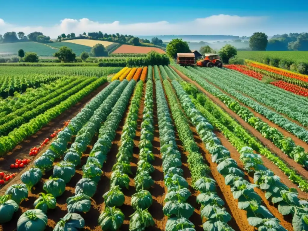 Un campo orgánico rebosante de vida y color bajo un cielo azul, con agricultores cosechando