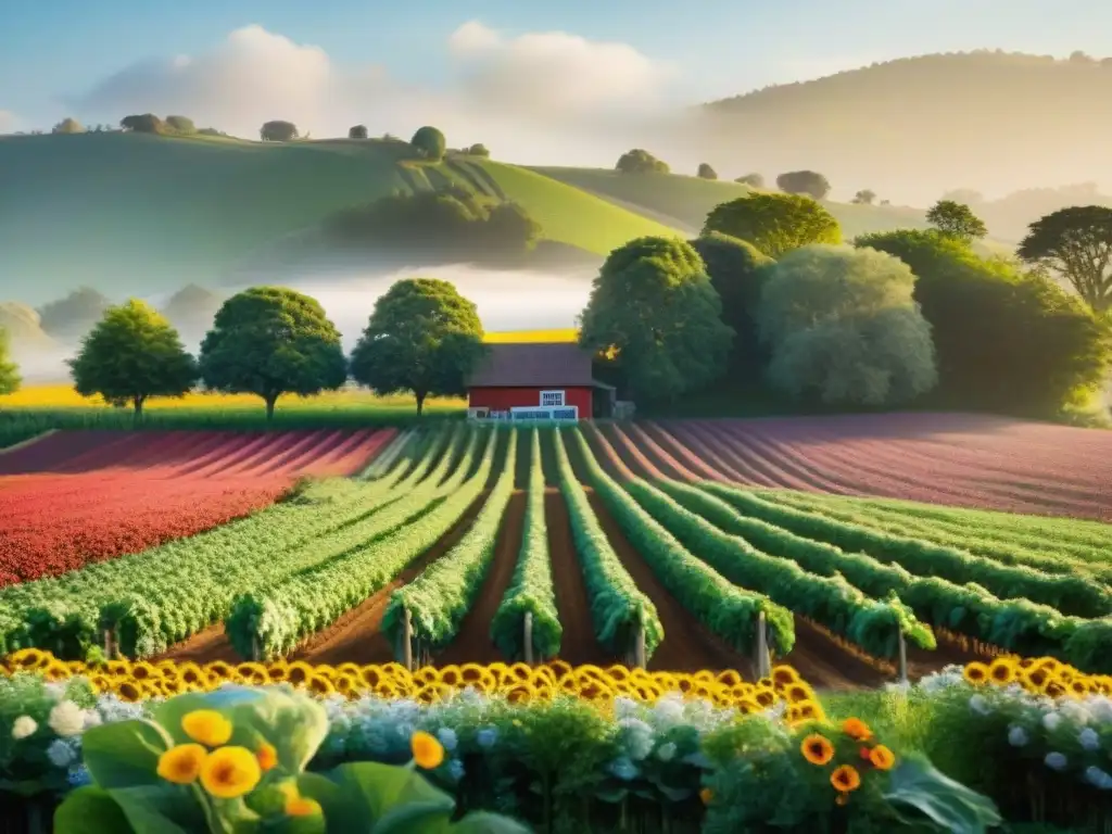 Un campo orgánico vibrante y abundante, con frutas y verduras coloridas bajo el sol dorado