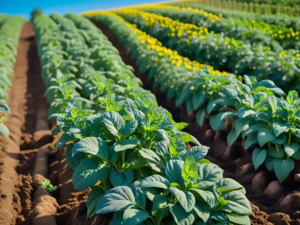 Un campo de papas exuberante bajo el cielo azul, con plantas verdes y abejas zumbando