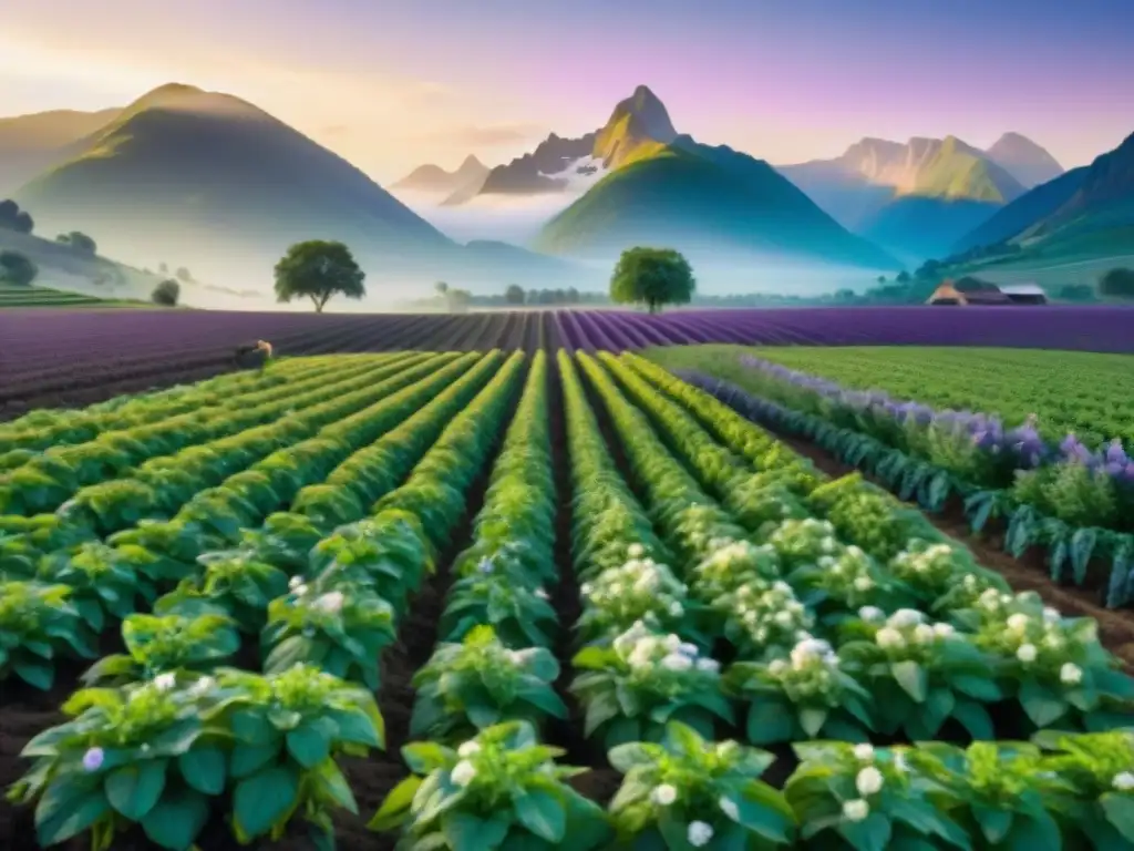 Un campo de papas vibrante al amanecer, con plantas verdes y flores blancas y moradas, iluminado por el sol