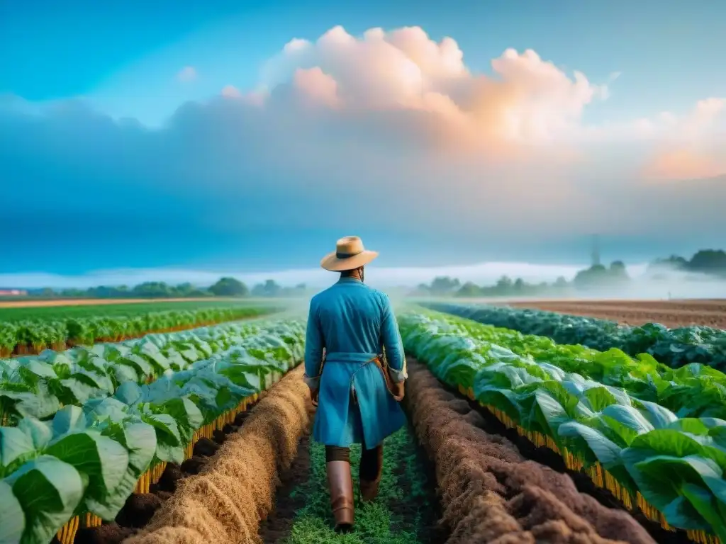 Un campo sostenible diverso y vibrante, donde la agricultura y el medio ambiente se fusionan en armonía para combatir el cambio climático