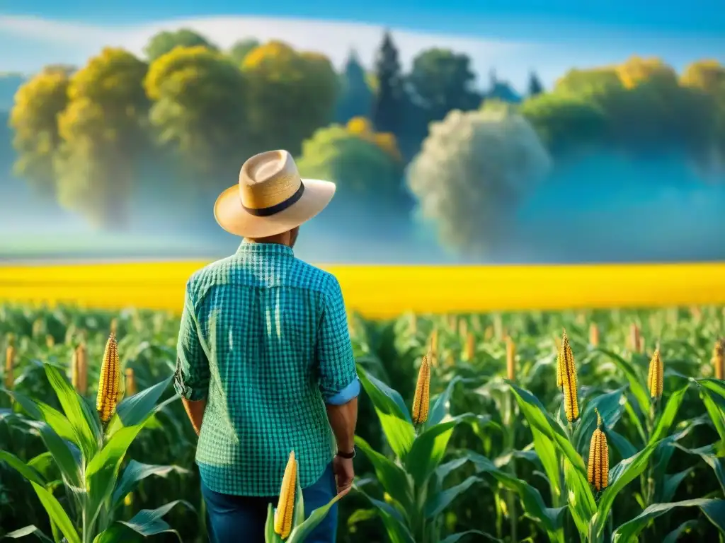 Un campo de maíz transgénico lleno de vida y luz, con abejas revoloteando