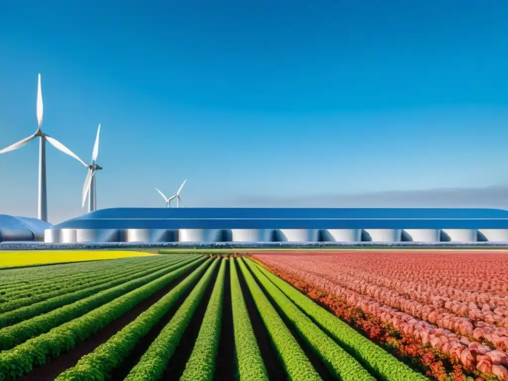 Un campo verde con bioreactores cultivando carne, rodeados de turbinas eólicas y paneles solares bajo un cielo azul