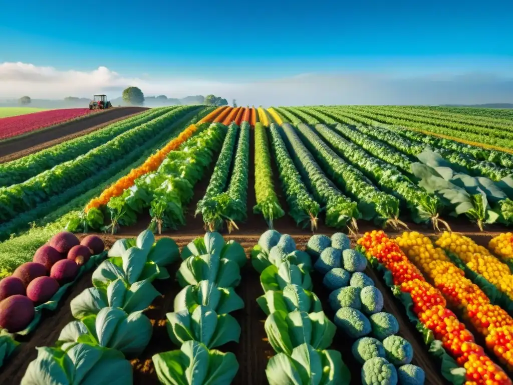 Campo agrícola verde exuberante con hortalizas coloridas y granjeros bajo cielo azul