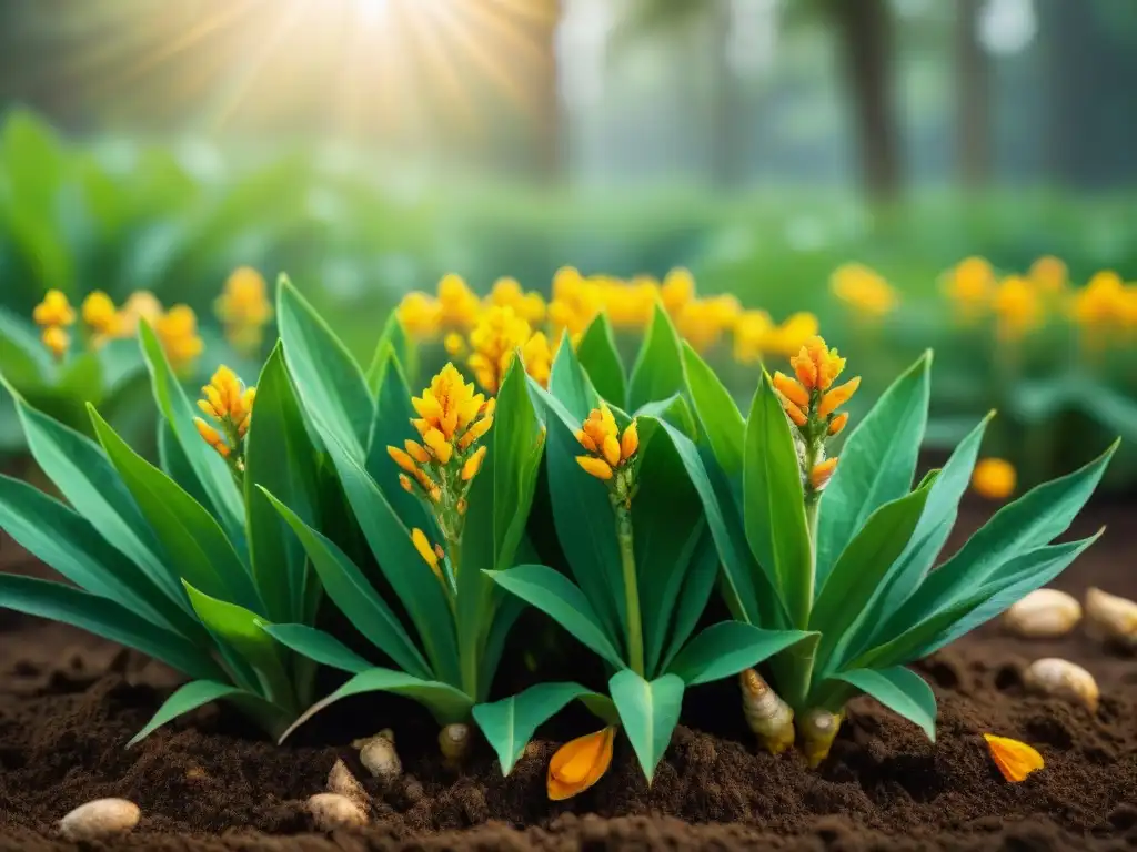 Un campo vibrante de cúrcuma en flor, con raíces doradas asomando entre la tierra y hojas verdes brillantes