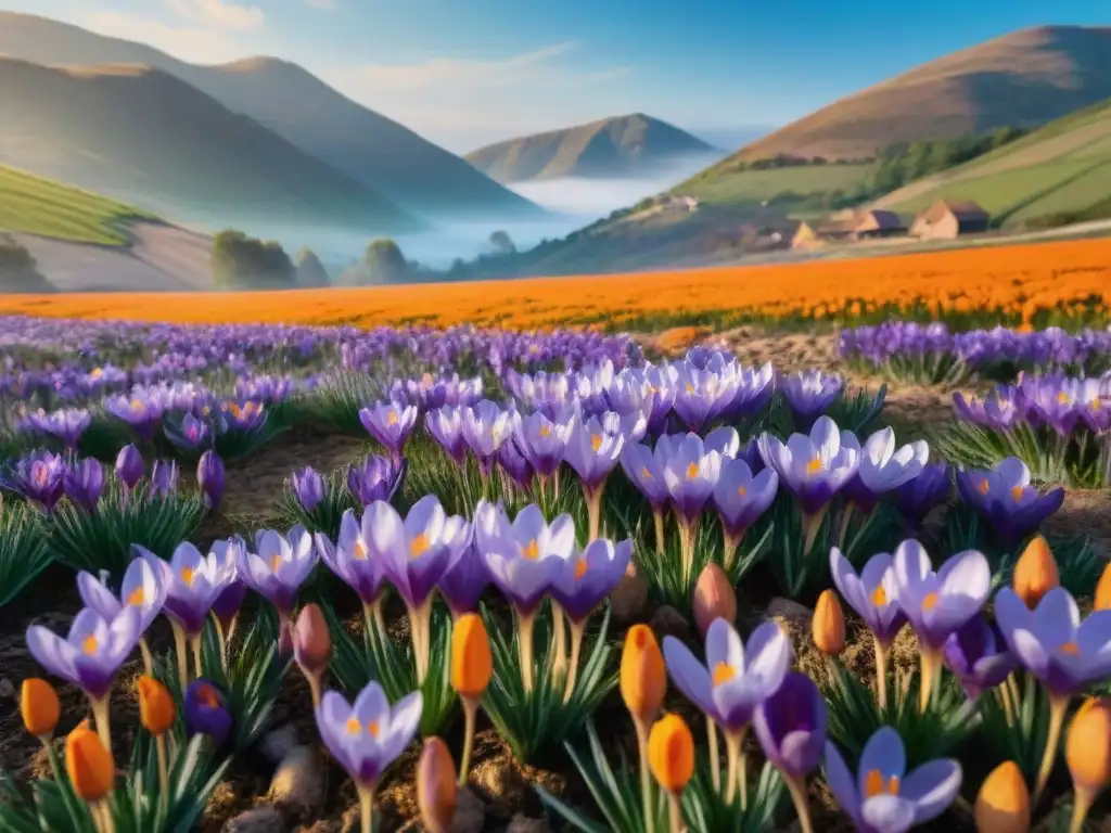 Un campo vibrante lleno de flores de azafrán en plena floración, con abejas y mariposas