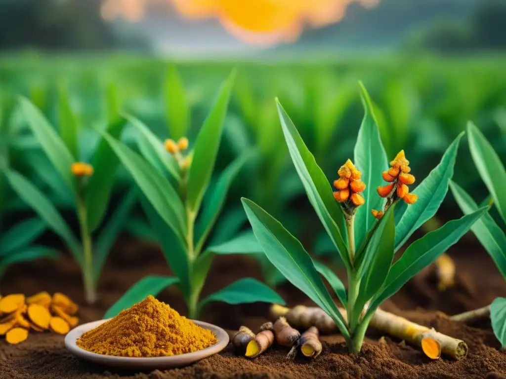 Un campo vibrante de plantas de cúrcuma bajo el sol dorado muestra su belleza natural