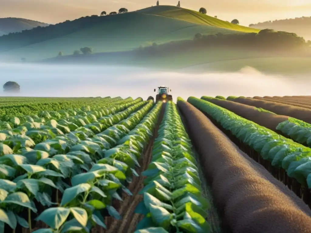 Un campo agrícola vibrante y sostenible con cultivos transgénicos, abejas y mariposas polinizando, y agricultores cuidando las plantas al atardecer